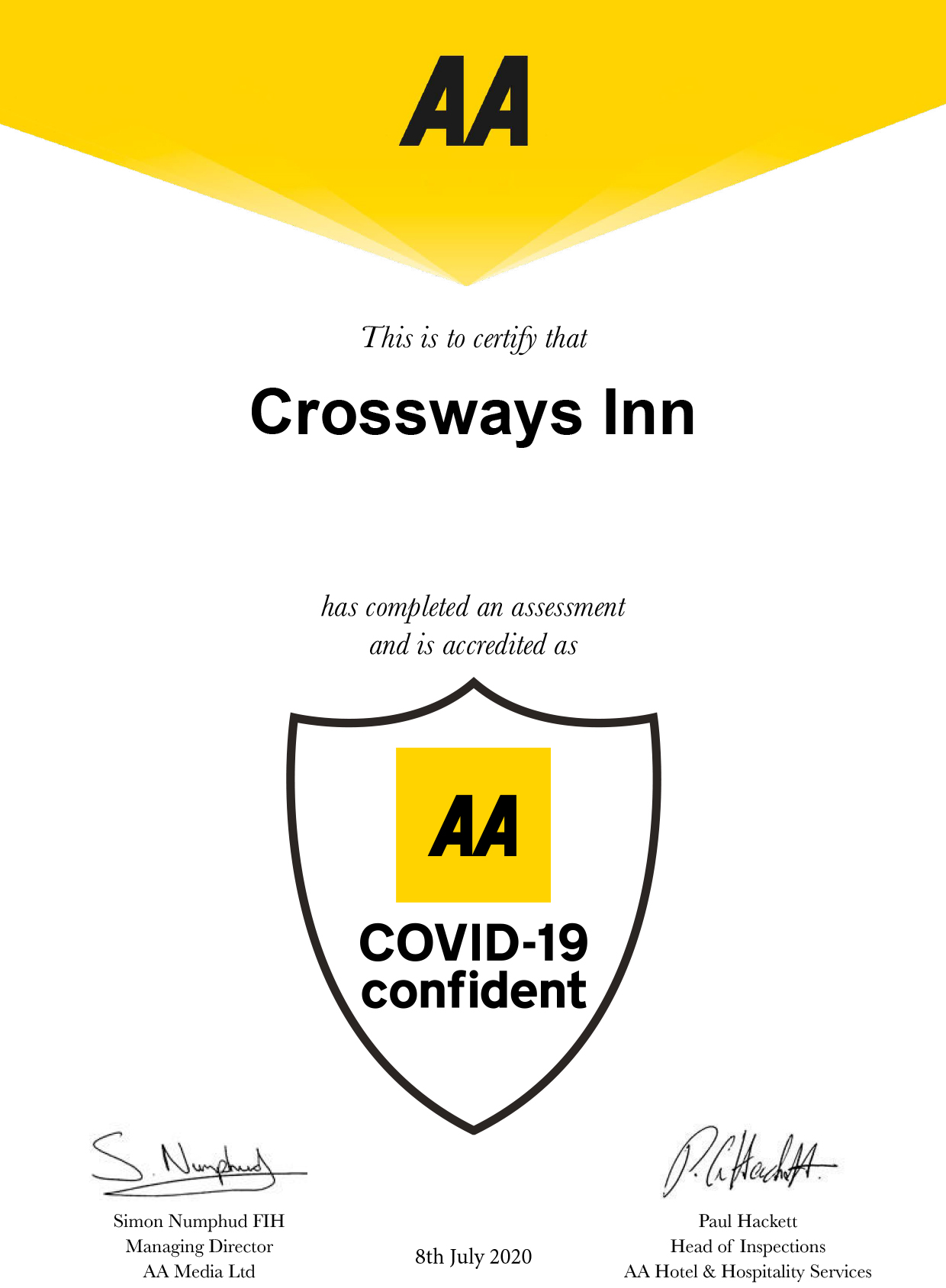 The Crossways AA Covid Confident Certificate